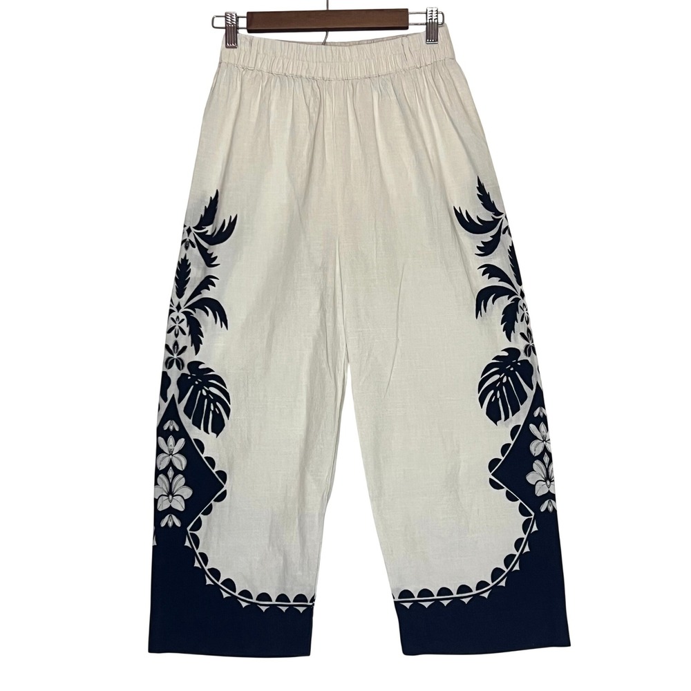 Deja Bleu Womens White Navy Tropical Palm Print Cotton Gauze Wide Leg Pants M